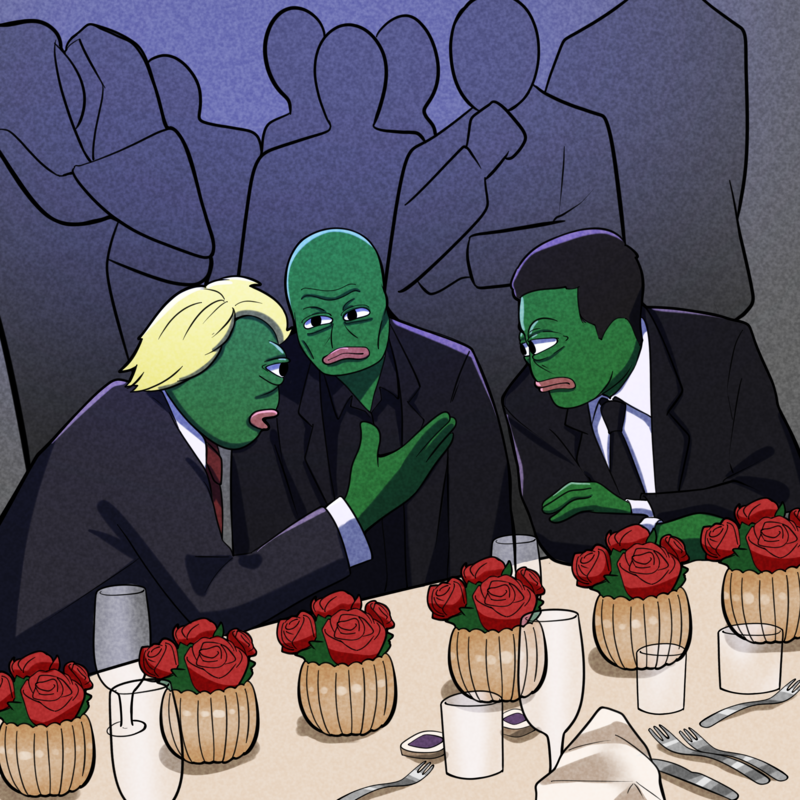 Trump, Elon and friend at dinner, Pepe style